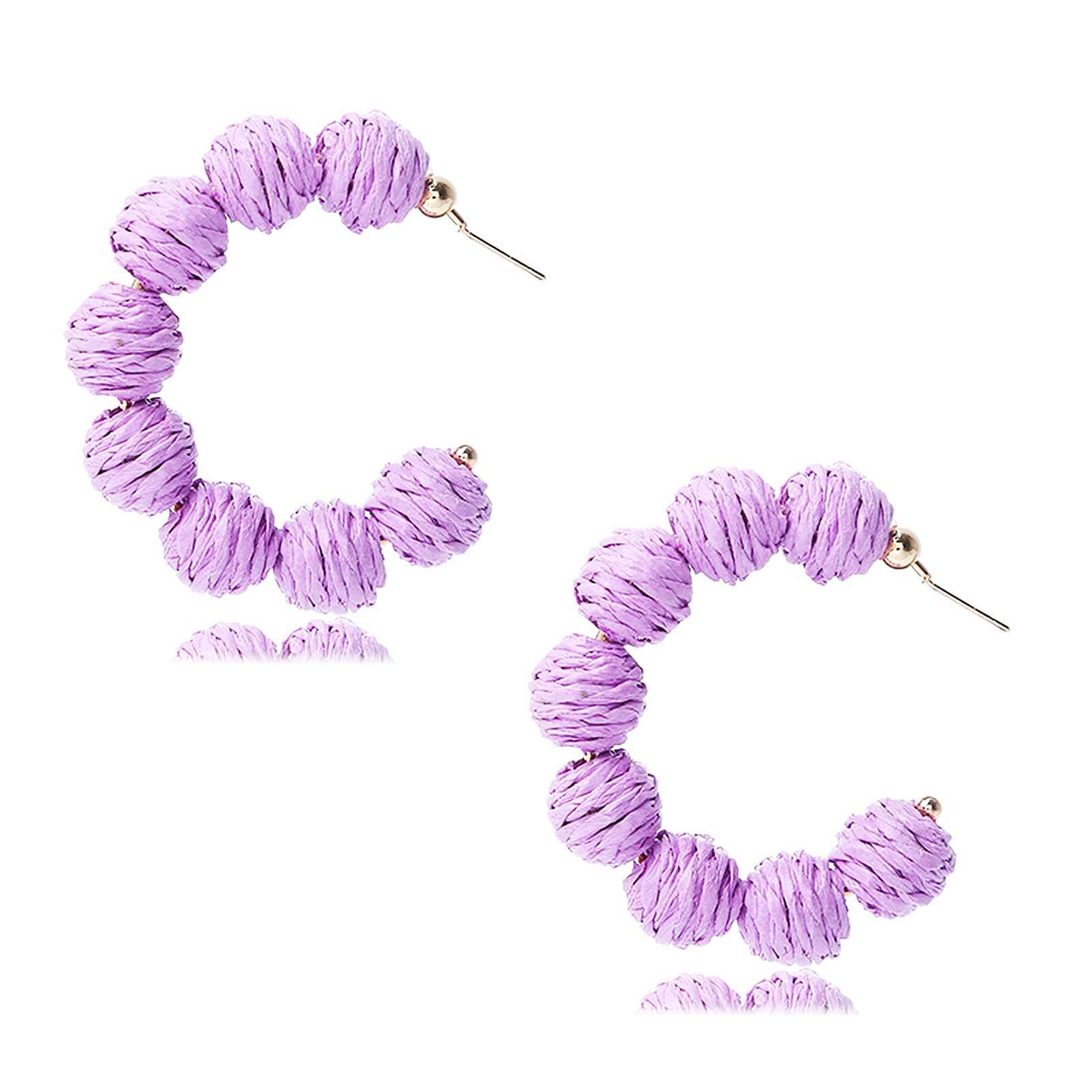 Rattan Earrings Summer Boho Raffia Ball Hoop Dangle Earring for Women Girls Lightweight Straw Wicker Statement Bohemian Beach Ear Jewelry Gifts
