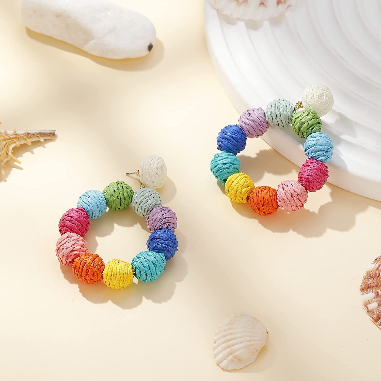 Rattan Earrings Rattan Ball Hoop Dangle Earrings for Women Handmade Bohemia Earrings Braid Straw Wicker Raffia Earrings Summer Beach Accessory Gifts