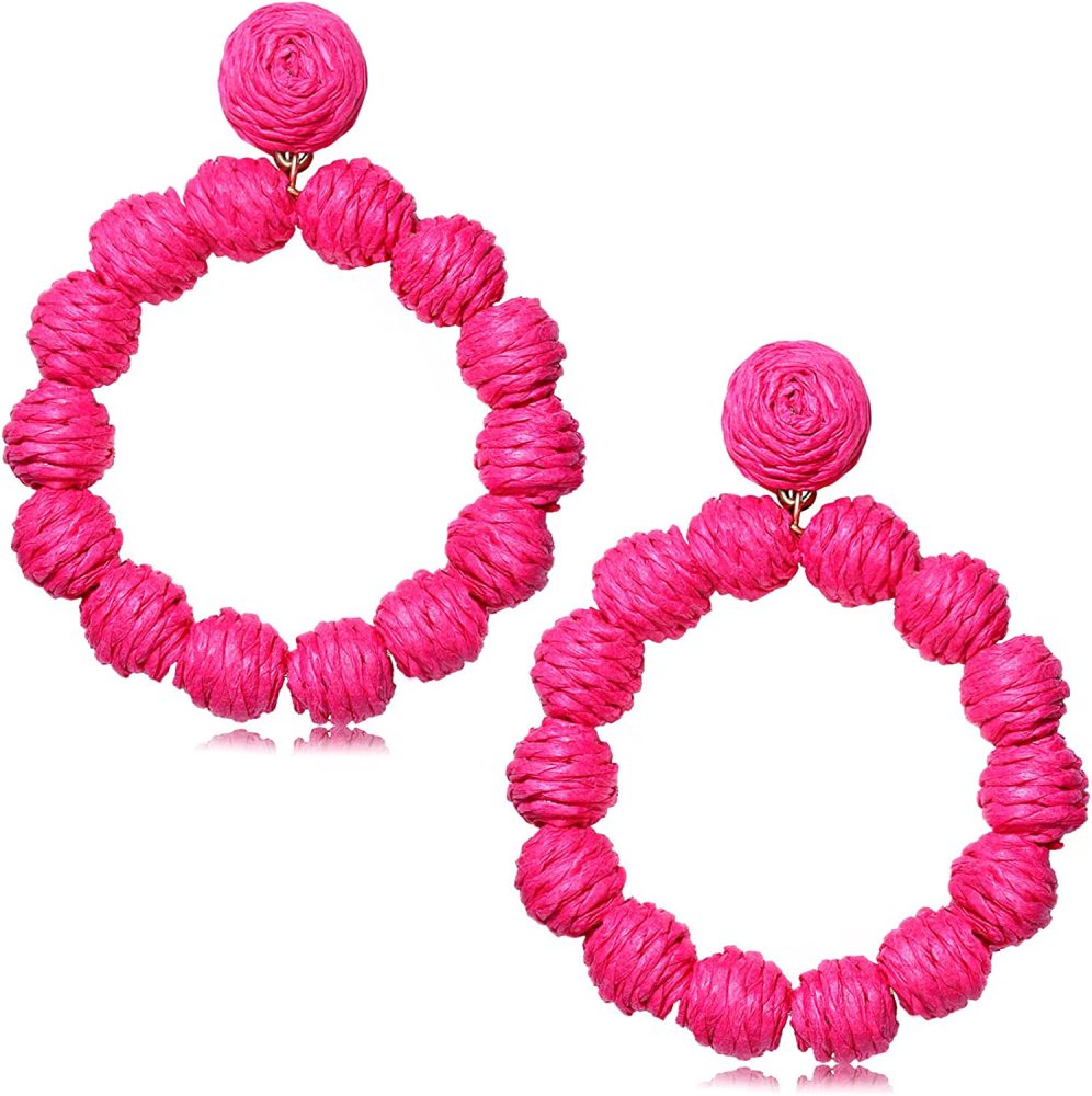Rattan Earrings Rattan Ball Hoop Dangle Earrings for Women Handmade Bohemia Earrings Braid Straw Wicker Raffia Earrings Summer Beach Accessory Gifts