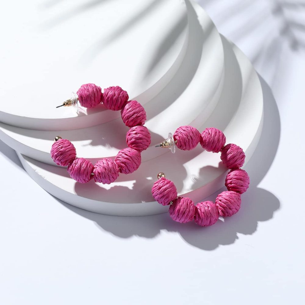Rattan Earrings Summer Boho Raffia Ball Hoop Dangle Earring for Women Girls Lightweight Straw Wicker Statement Bohemian Beach Ear Jewelry Gifts
