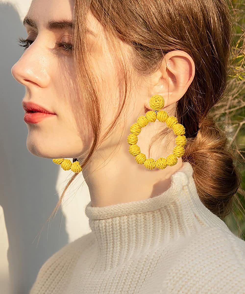 Rattan Earrings Rattan Ball Hoop Dangle Earrings for Women Handmade Bohemia Earrings Braid Straw Wicker Raffia Earrings Summer Beach Accessory Gifts