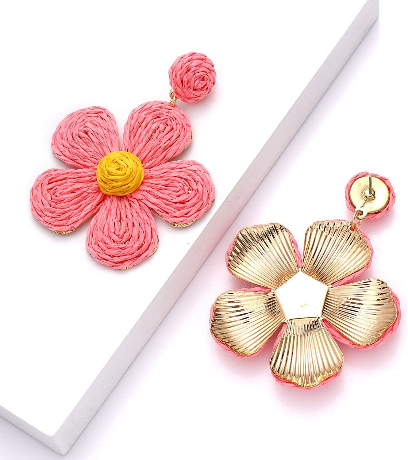 Raffia Earring Boho Handmade Woven Straw Rattan Flower Drop Earrings Geometric Lantern Dangle Earrings for Women Girls Summer Beach Jewelry