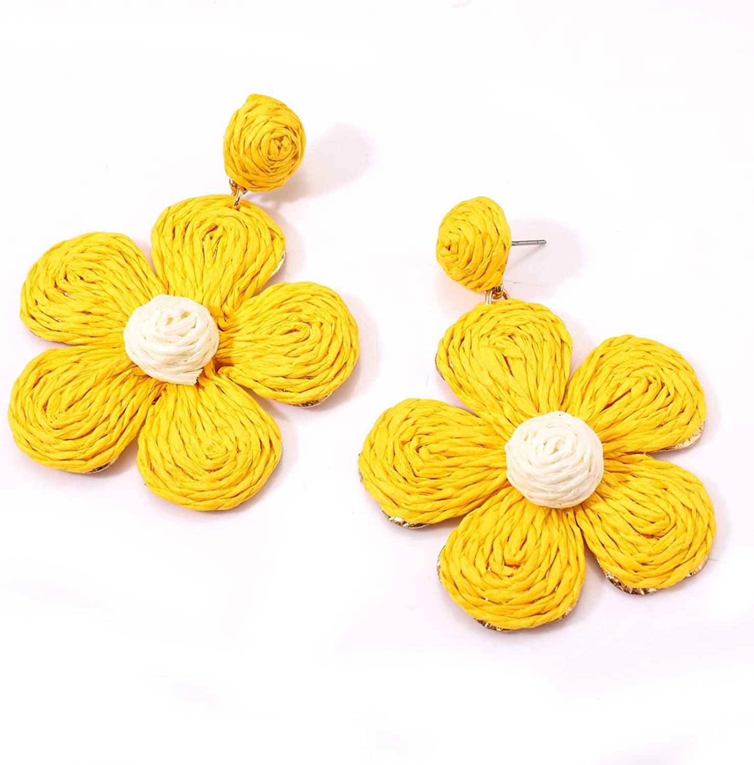 Raffia Earring Boho Handmade Woven Straw Rattan Flower Drop Earrings Geometric Lantern Dangle Earrings for Women Girls Summer Beach Jewelry