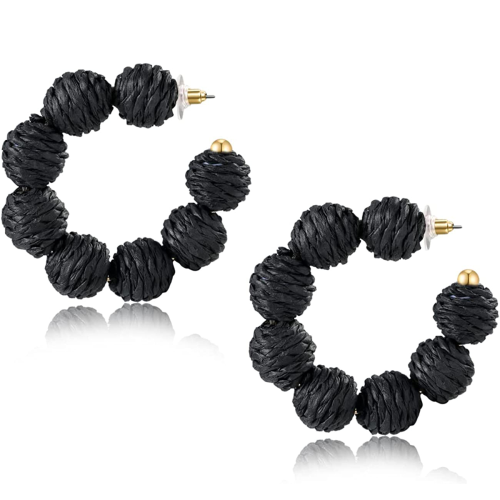 Rattan Earrings Summer Boho Raffia Ball Hoop Dangle Earring for Women Girls Lightweight Straw Wicker Statement Bohemian Beach Ear Jewelry Gifts