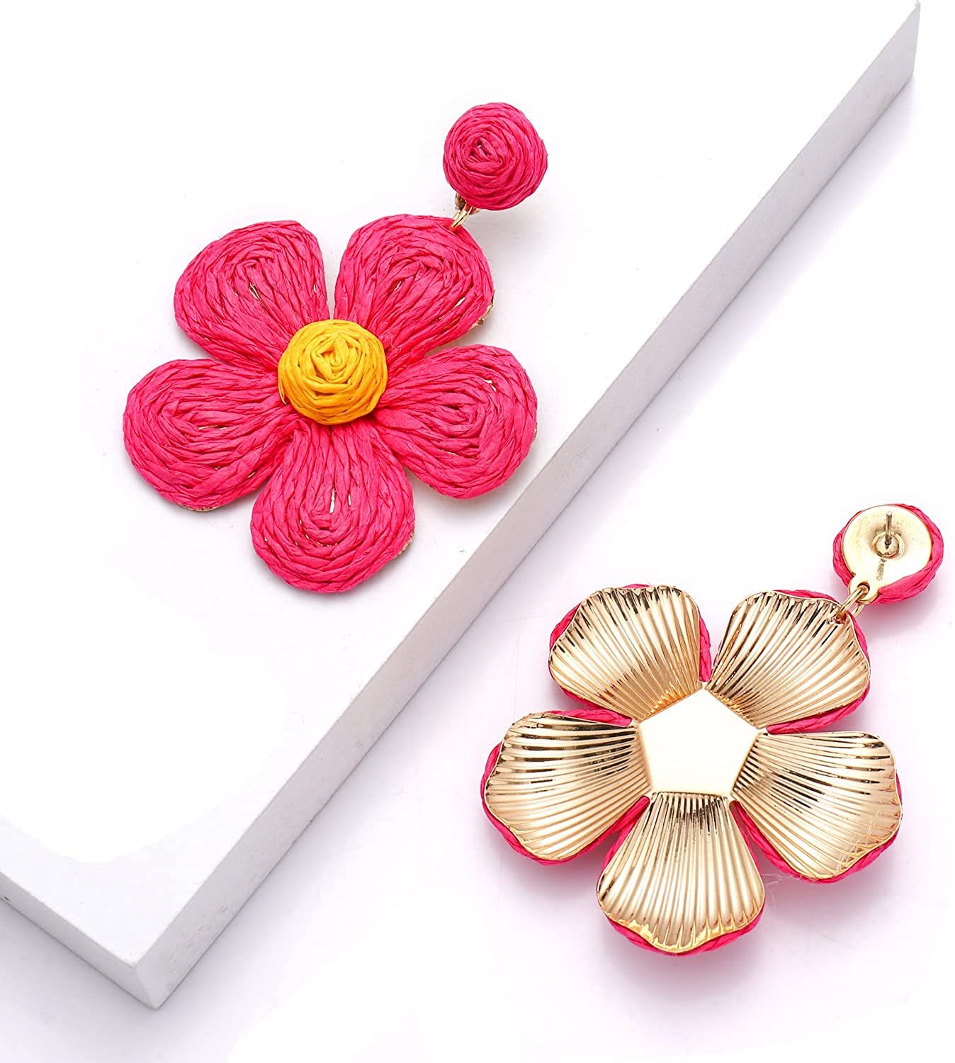 Raffia Earring Boho Handmade Woven Straw Rattan Flower Drop Earrings Geometric Lantern Dangle Earrings for Women Girls Summer Beach Jewelry