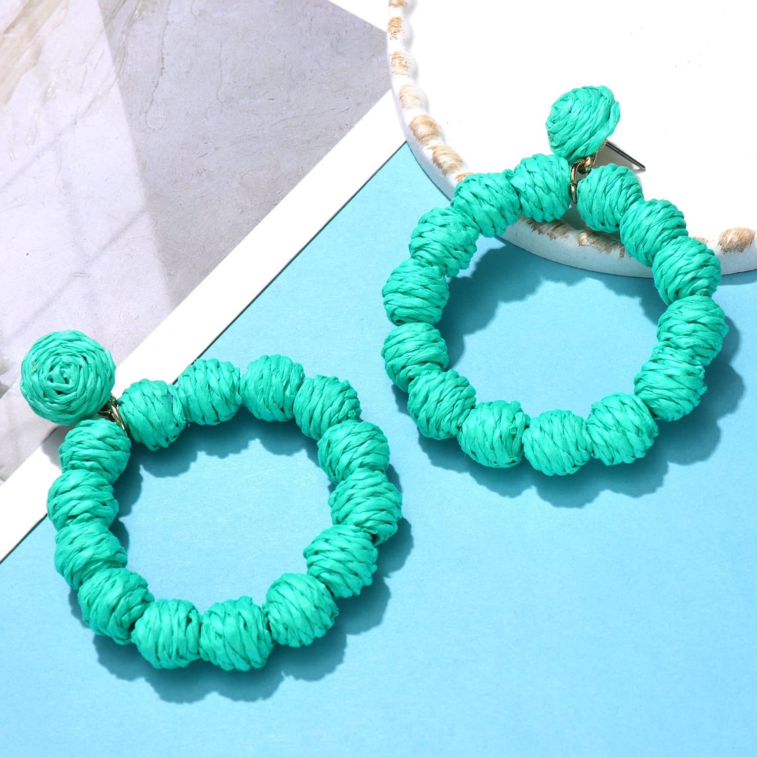 Rattan Earrings Rattan Ball Hoop Dangle Earrings for Women Handmade Bohemia Earrings Braid Straw Wicker Raffia Earrings Summer Beach Accessory Gifts