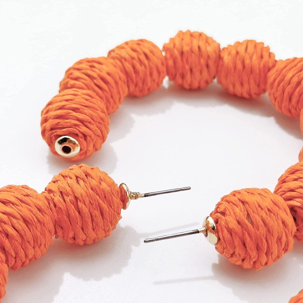 Rattan Earrings Summer Boho Raffia Ball Hoop Dangle Earring for Women Girls Lightweight Straw Wicker Statement Bohemian Beach Ear Jewelry Gifts