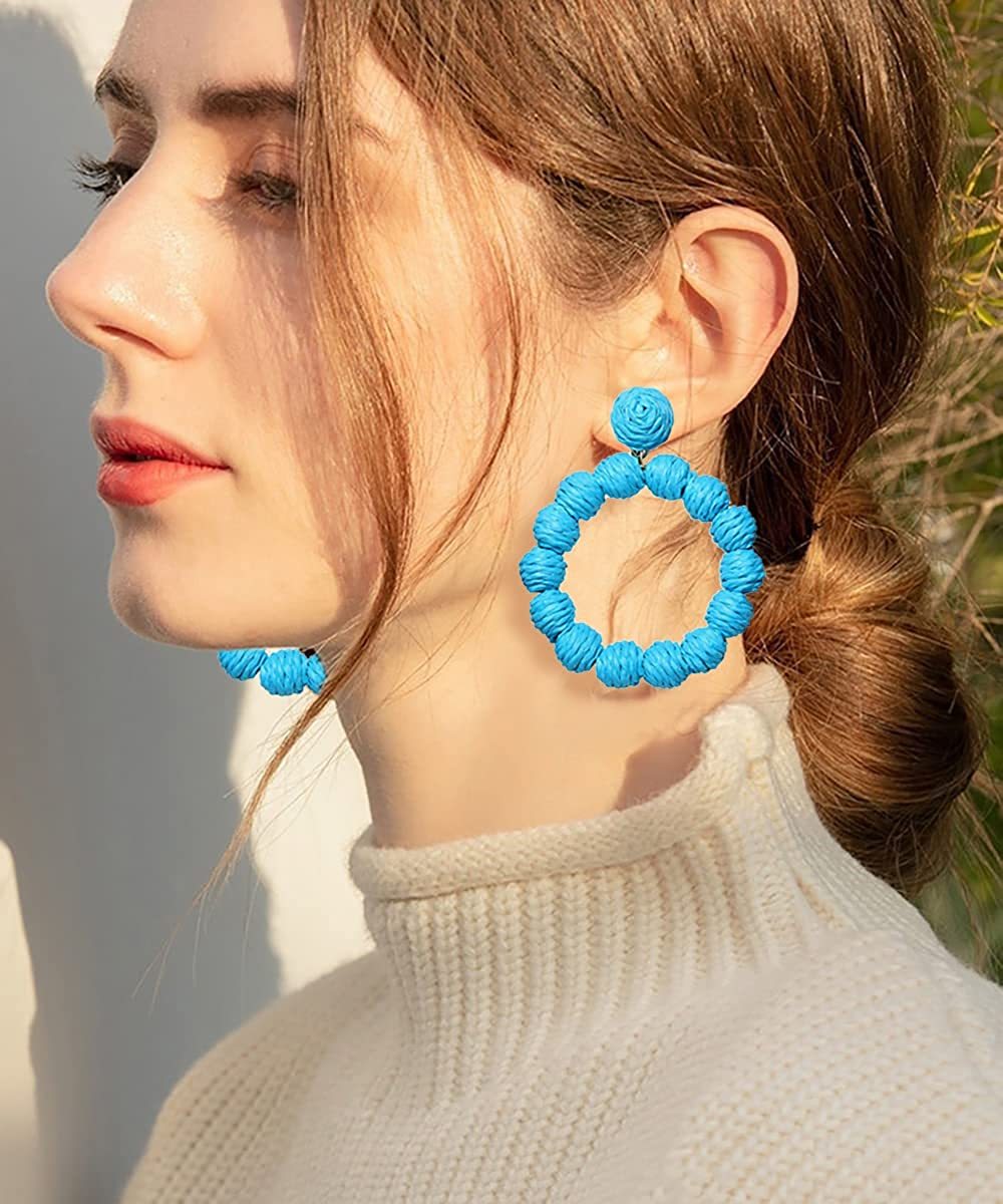 Rattan Earrings Rattan Ball Hoop Dangle Earrings for Women Handmade Bohemia Earrings Braid Straw Wicker Raffia Earrings Summer Beach Accessory Gifts
