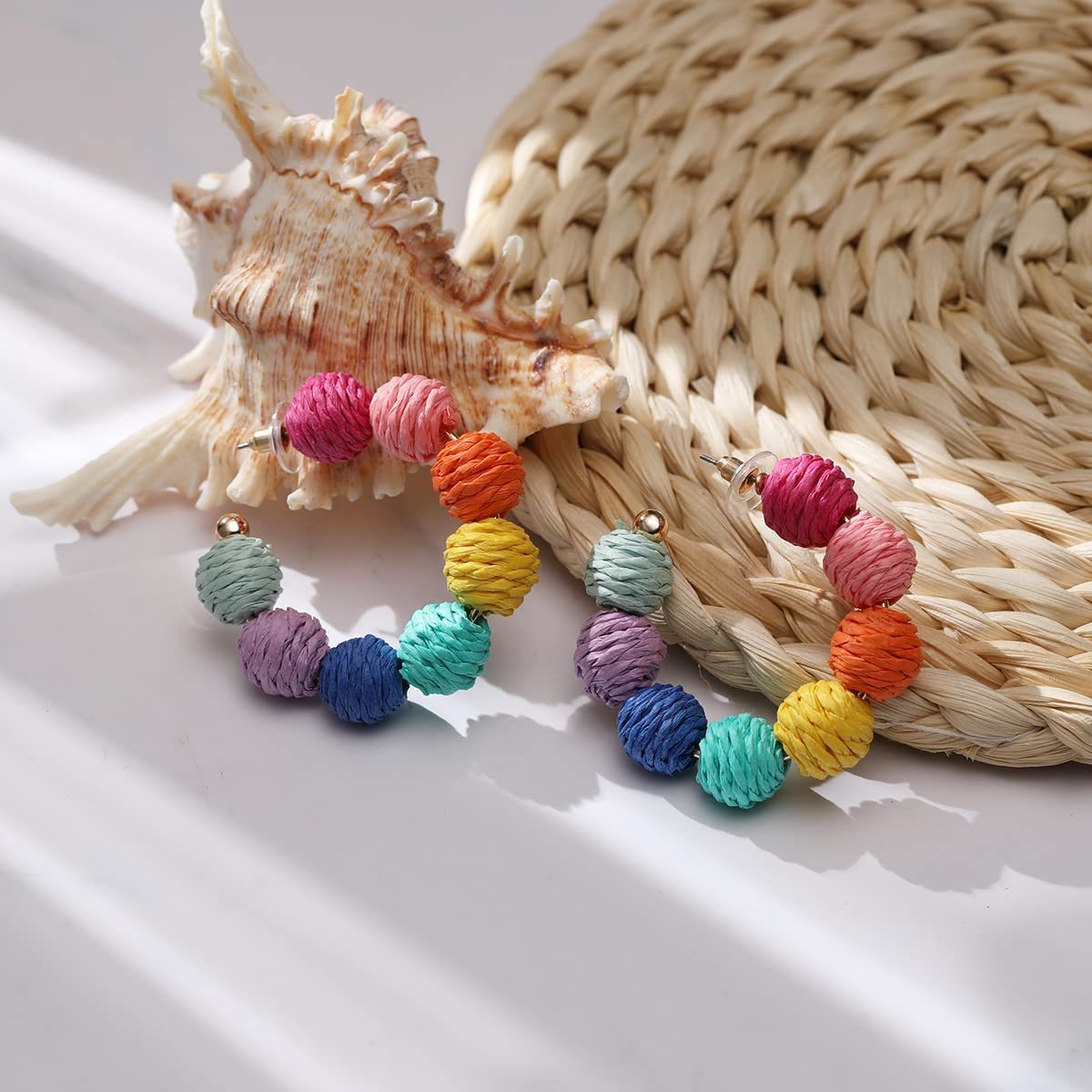 Rattan Earrings Summer Boho Raffia Ball Hoop Dangle Earring for Women Girls Lightweight Straw Wicker Statement Bohemian Beach Ear Jewelry Gifts