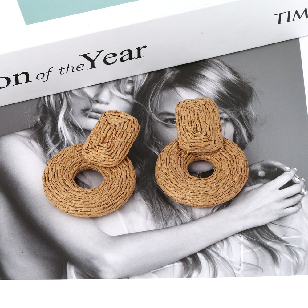 Tatement Raffia Round Earrings - Boho Drop Handmade Straw Earrings - Geometric Dangle Earrings for Women Girls