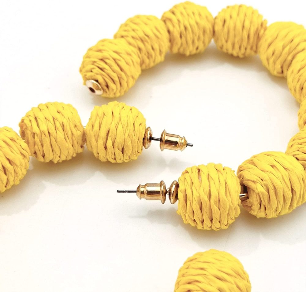 Rattan Earrings Summer Boho Raffia Ball Hoop Dangle Earring for Women Girls Lightweight Straw Wicker Statement Bohemian Beach Ear Jewelry Gifts