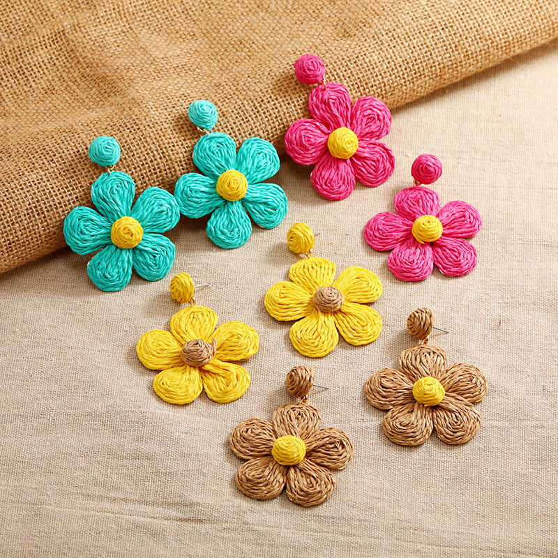 Raffia Earring Boho Handmade Woven Straw Rattan Flower Drop Earrings Geometric Lantern Dangle Earrings for Women Girls Summer Beach Jewelry
