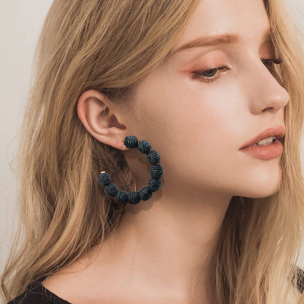 Rattan Earrings Summer Boho Raffia Ball Hoop Dangle Earring for Women Girls Lightweight Straw Wicker Statement Bohemian Beach Ear Jewelry Gifts