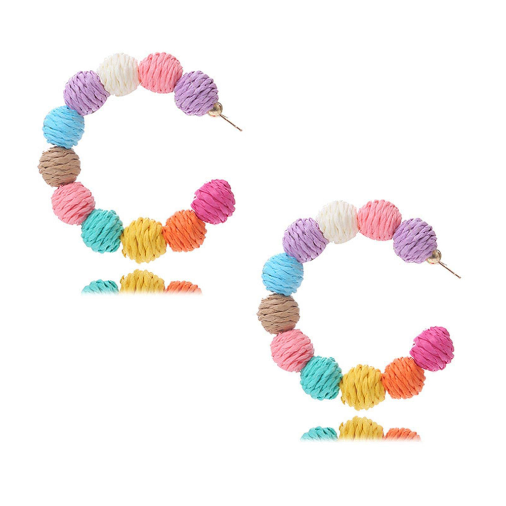 Rattan Earrings Summer Boho Raffia Ball Hoop Dangle Earring for Women Girls Lightweight Straw Wicker Statement Bohemian Beach Ear Jewelry Gifts
