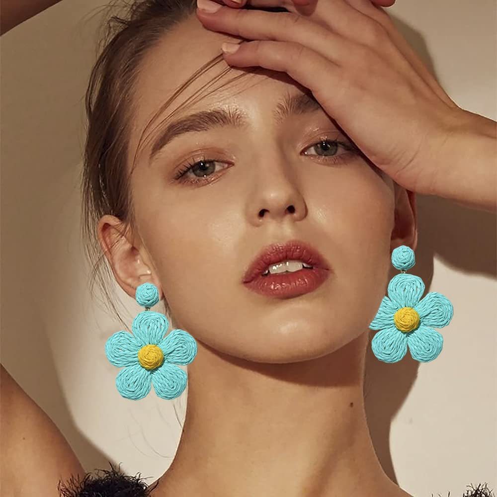 Raffia Earring Boho Handmade Woven Straw Rattan Flower Drop Earrings Geometric Lantern Dangle Earrings for Women Girls Summer Beach Jewelry