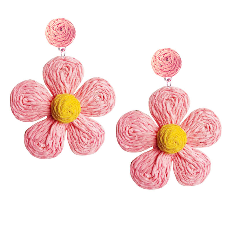 Raffia Earring Boho Handmade Woven Straw Rattan Flower Drop Earrings Geometric Lantern Dangle Earrings for Women Girls Summer Beach Jewelry
