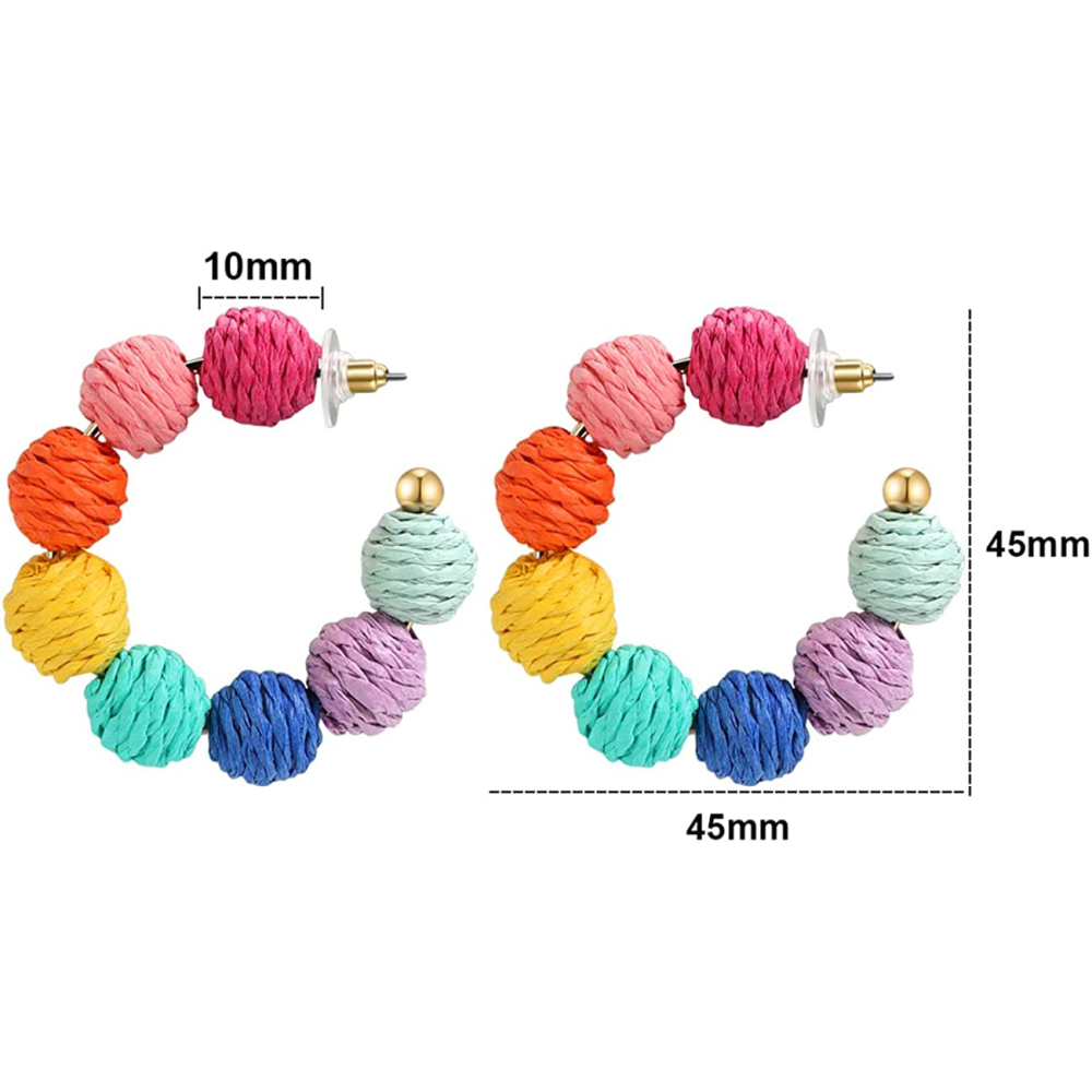 Rattan Earrings Summer Boho Raffia Ball Hoop Dangle Earring for Women Girls Lightweight Straw Wicker Statement Bohemian Beach Ear Jewelry Gifts