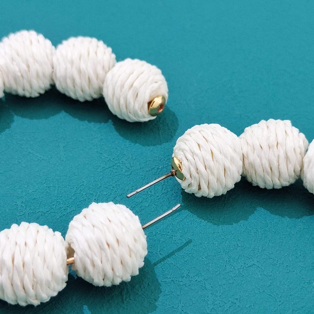 Rattan Earrings Summer Boho Raffia Ball Hoop Dangle Earring for Women Girls Lightweight Straw Wicker Statement Bohemian Beach Ear Jewelry Gifts