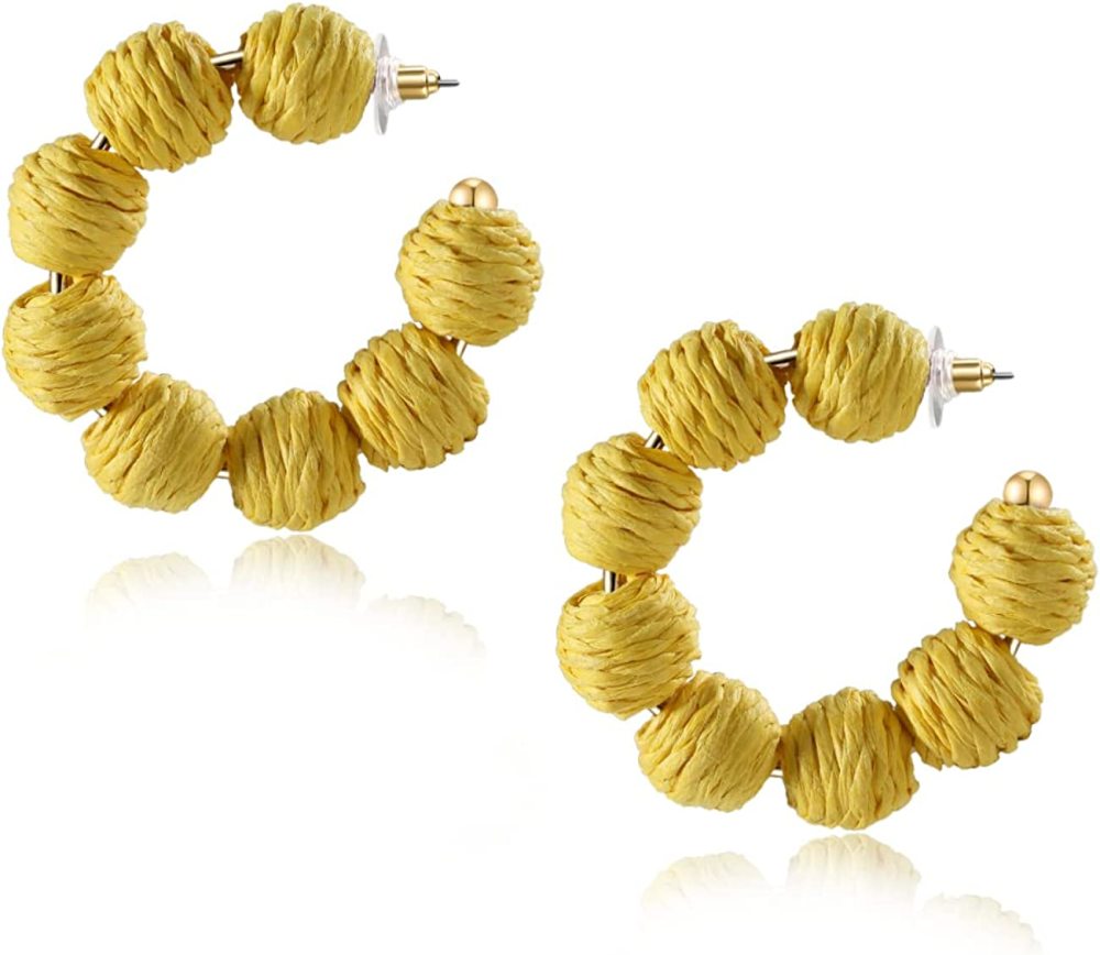 Rattan Earrings Summer Boho Raffia Ball Hoop Dangle Earring for Women Girls Lightweight Straw Wicker Statement Bohemian Beach Ear Jewelry Gifts