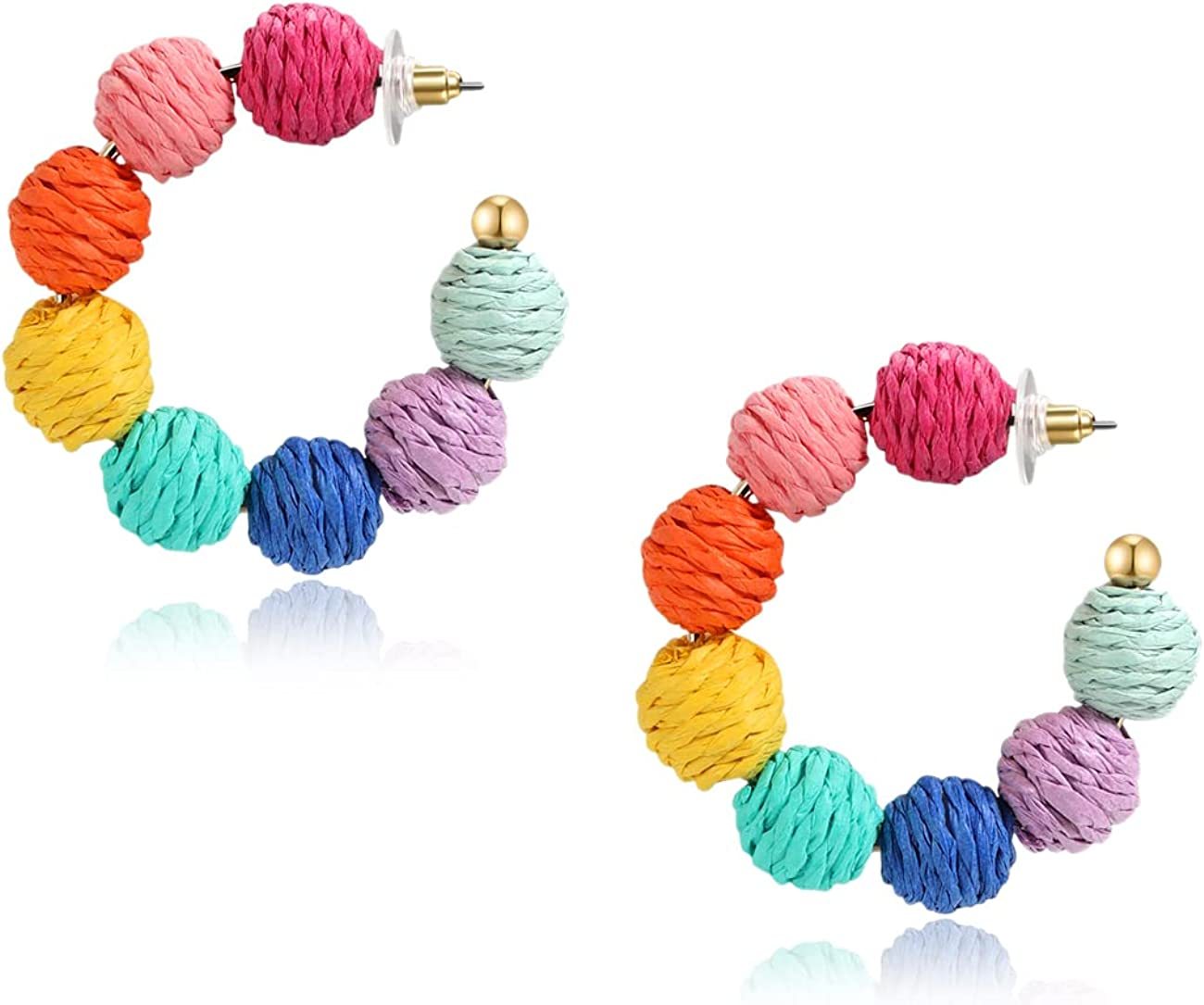 Rattan Earrings Summer Boho Raffia Ball Hoop Dangle Earring for Women Girls Lightweight Straw Wicker Statement Bohemian Beach Ear Jewelry Gifts
