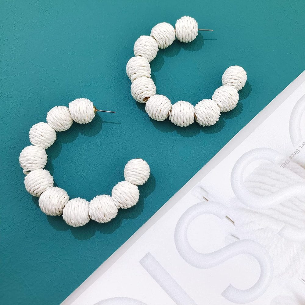 Rattan Earrings Summer Boho Raffia Ball Hoop Dangle Earring for Women Girls Lightweight Straw Wicker Statement Bohemian Beach Ear Jewelry Gifts