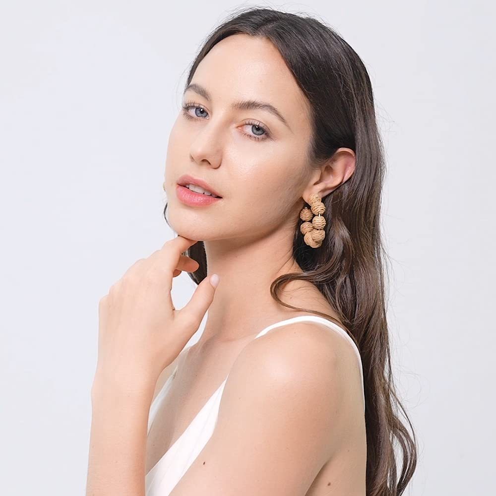 Rattan Earrings Summer Boho Raffia Ball Hoop Dangle Earring for Women Girls Lightweight Straw Wicker Statement Bohemian Beach Ear Jewelry Gifts