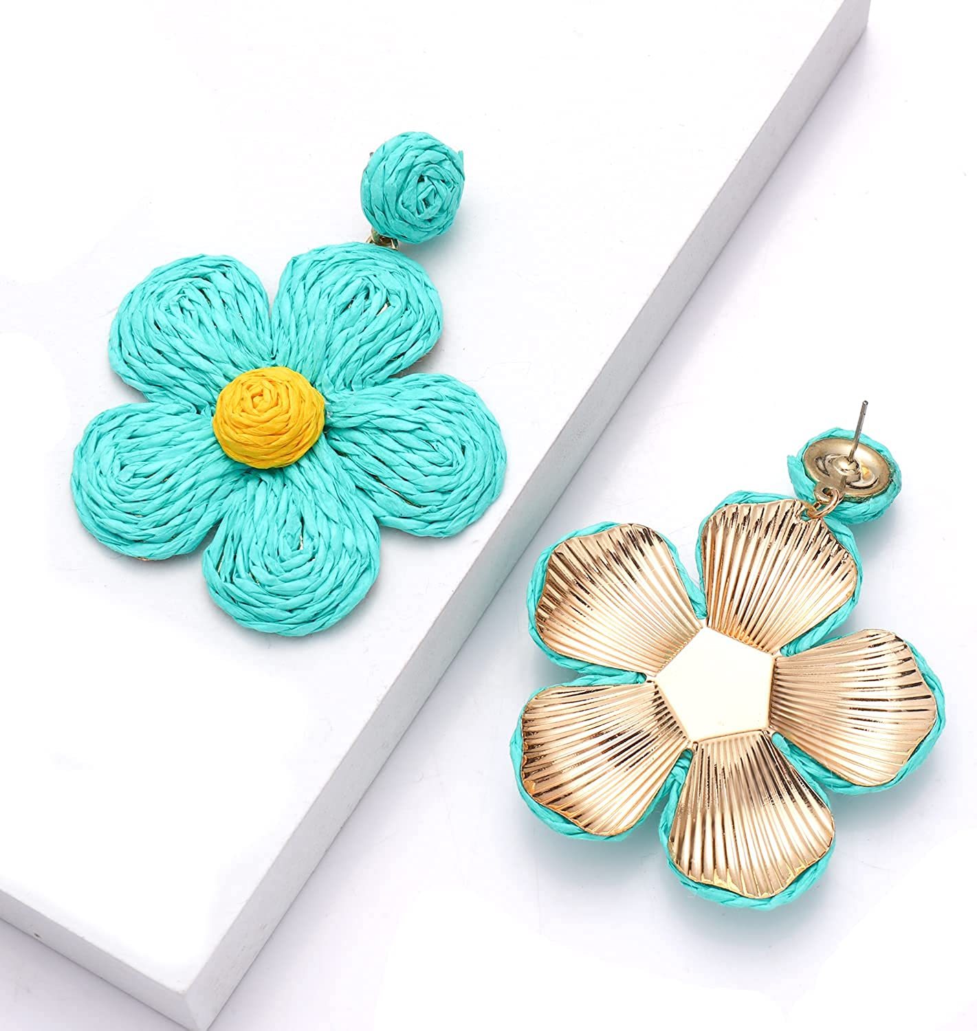 Raffia Earring Boho Handmade Woven Straw Rattan Flower Drop Earrings Geometric Lantern Dangle Earrings for Women Girls Summer Beach Jewelry