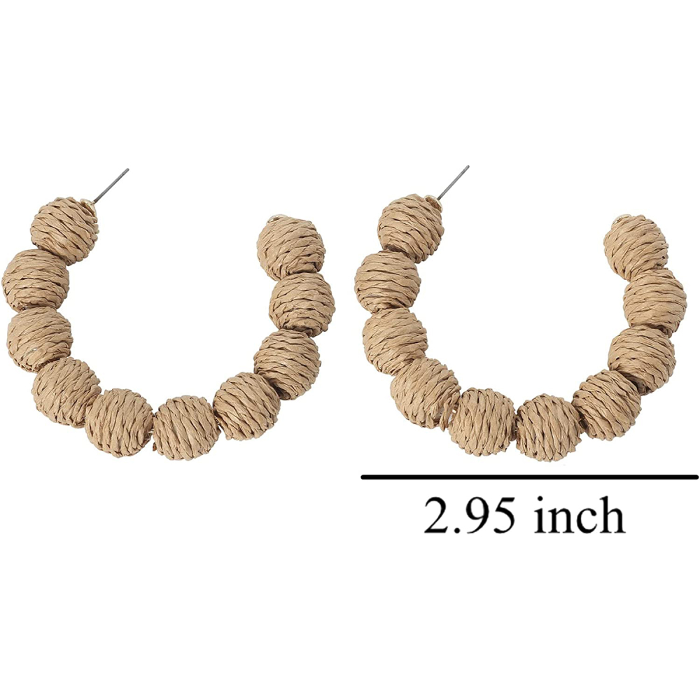 Rattan Earrings Summer Boho Raffia Ball Hoop Dangle Earring for Women Girls Lightweight Straw Wicker Statement Bohemian Beach Ear Jewelry Gifts