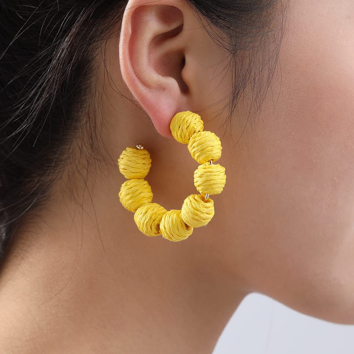 Rattan Earrings Summer Boho Raffia Ball Hoop Dangle Earring for Women Girls Lightweight Straw Wicker Statement Bohemian Beach Ear Jewelry Gifts