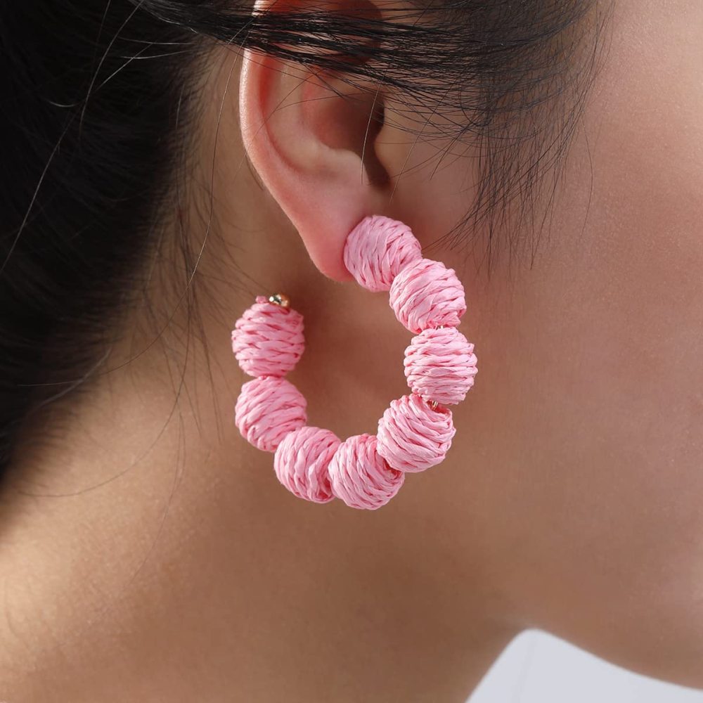 Rattan Earrings Summer Boho Raffia Ball Hoop Dangle Earring for Women Girls Lightweight Straw Wicker Statement Bohemian Beach Ear Jewelry Gifts