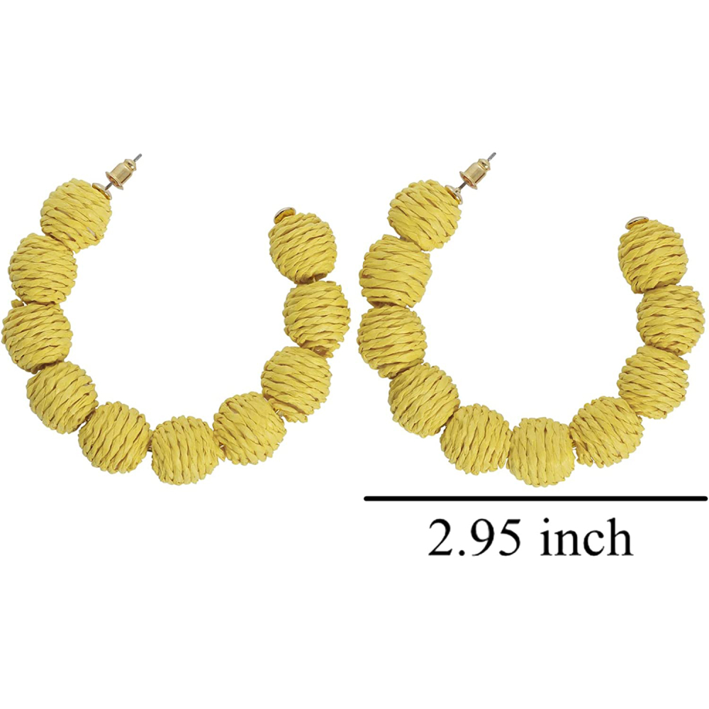Rattan Earrings Summer Boho Raffia Ball Hoop Dangle Earring for Women Girls Lightweight Straw Wicker Statement Bohemian Beach Ear Jewelry Gifts
