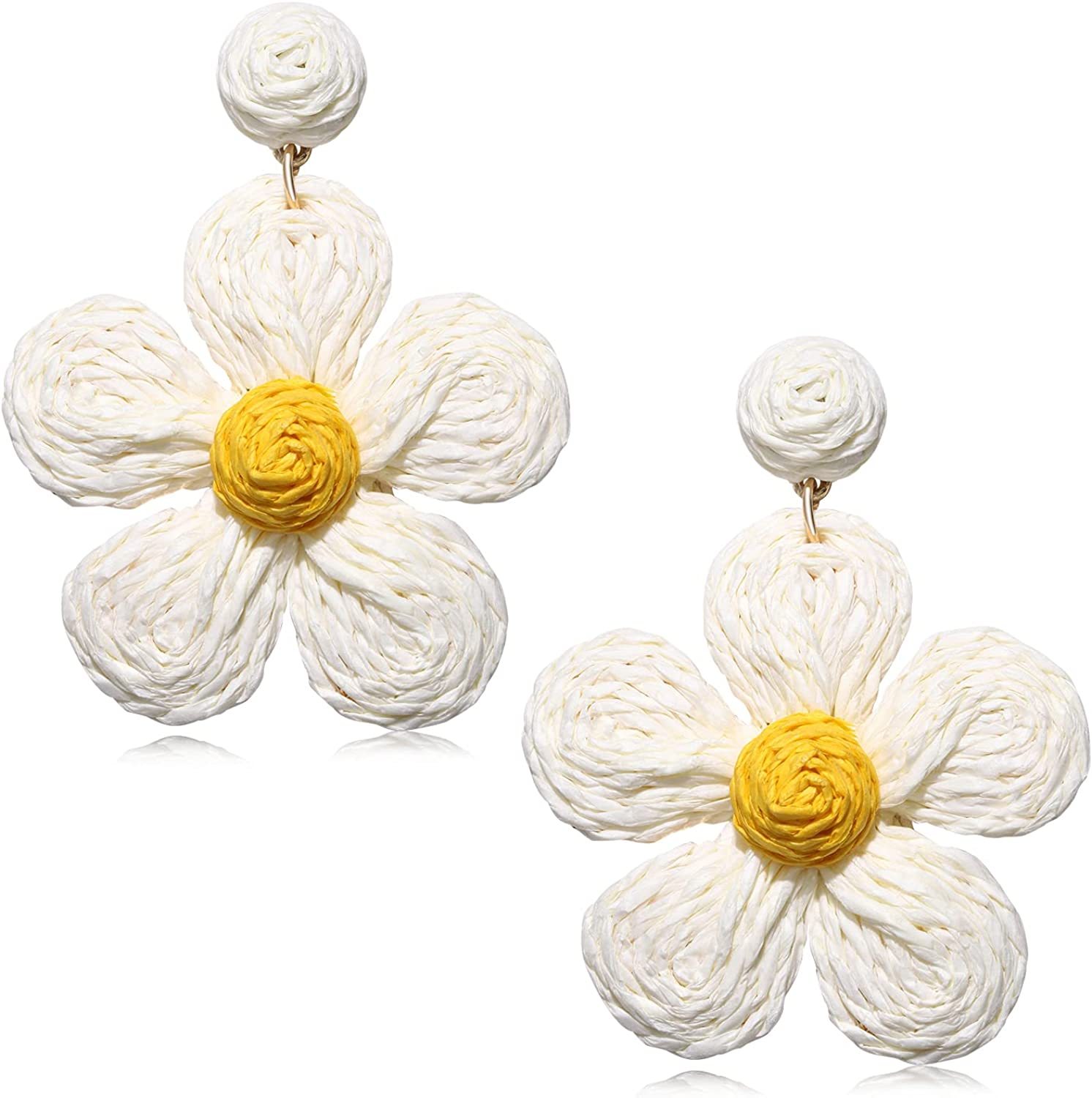 Raffia Earring Boho Handmade Woven Straw Rattan Flower Drop Earrings Geometric Lantern Dangle Earrings for Women Girls Summer Beach Jewelry