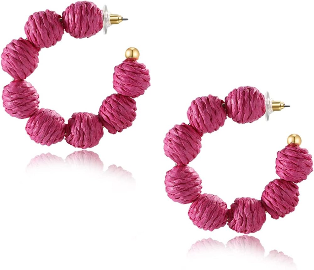 Rattan Earrings Summer Boho Raffia Ball Hoop Dangle Earring for Women Girls Lightweight Straw Wicker Statement Bohemian Beach Ear Jewelry Gifts