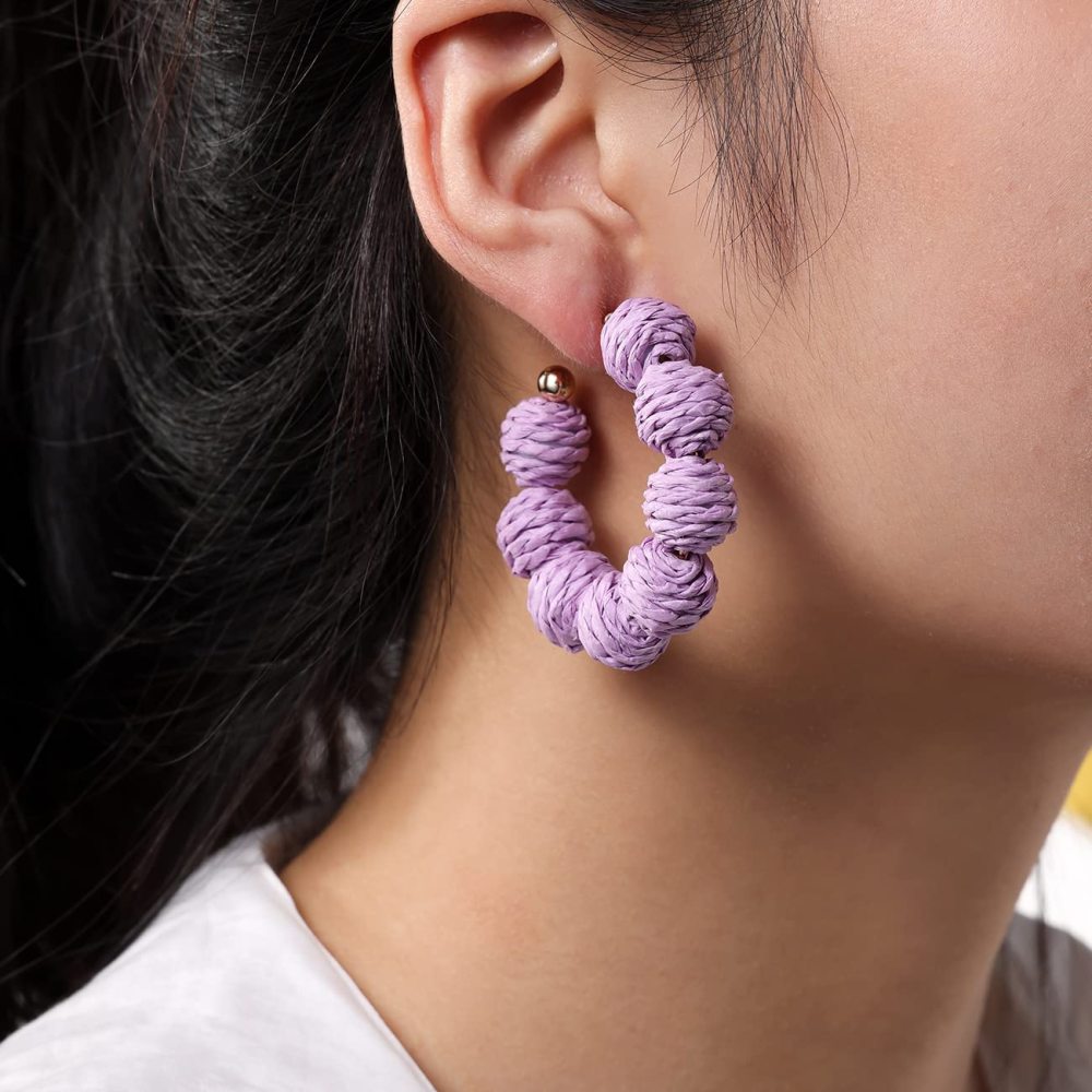 Rattan Earrings Summer Boho Raffia Ball Hoop Dangle Earring for Women Girls Lightweight Straw Wicker Statement Bohemian Beach Ear Jewelry Gifts
