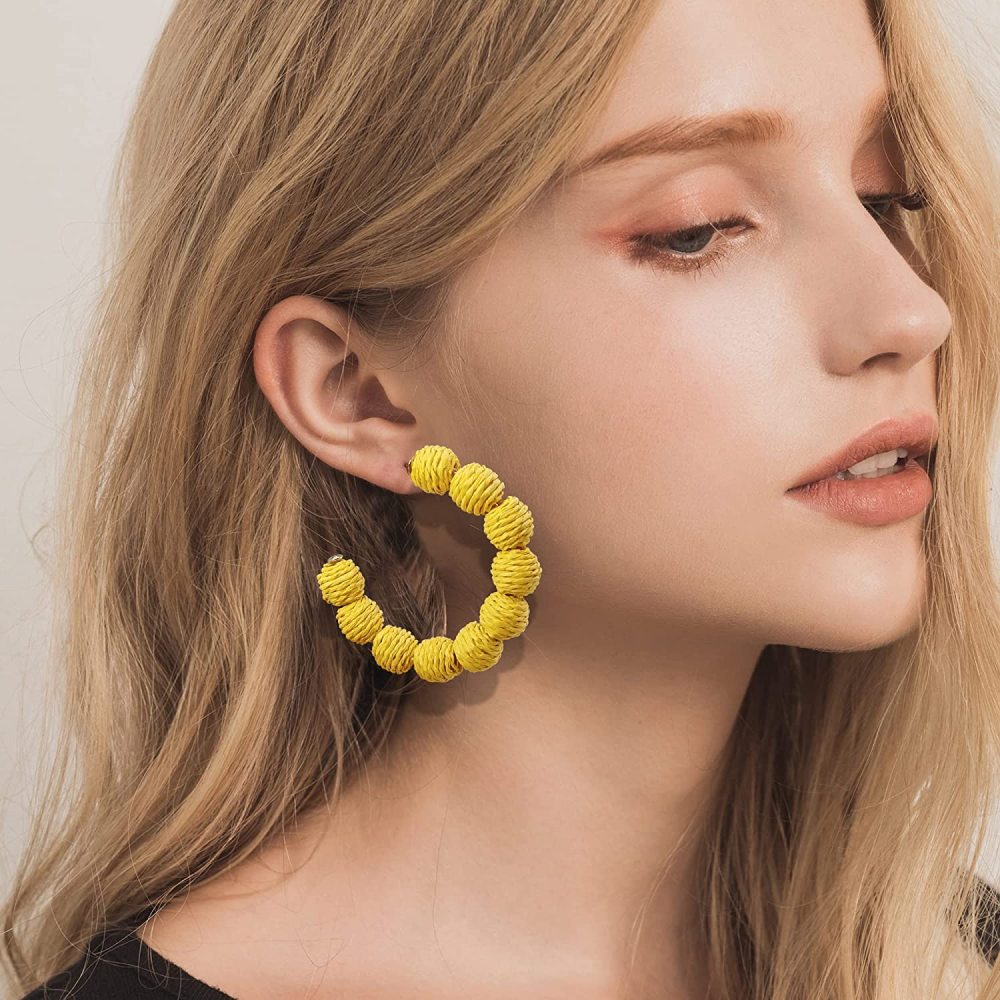 Rattan Earrings Summer Boho Raffia Ball Hoop Dangle Earring for Women Girls Lightweight Straw Wicker Statement Bohemian Beach Ear Jewelry Gifts