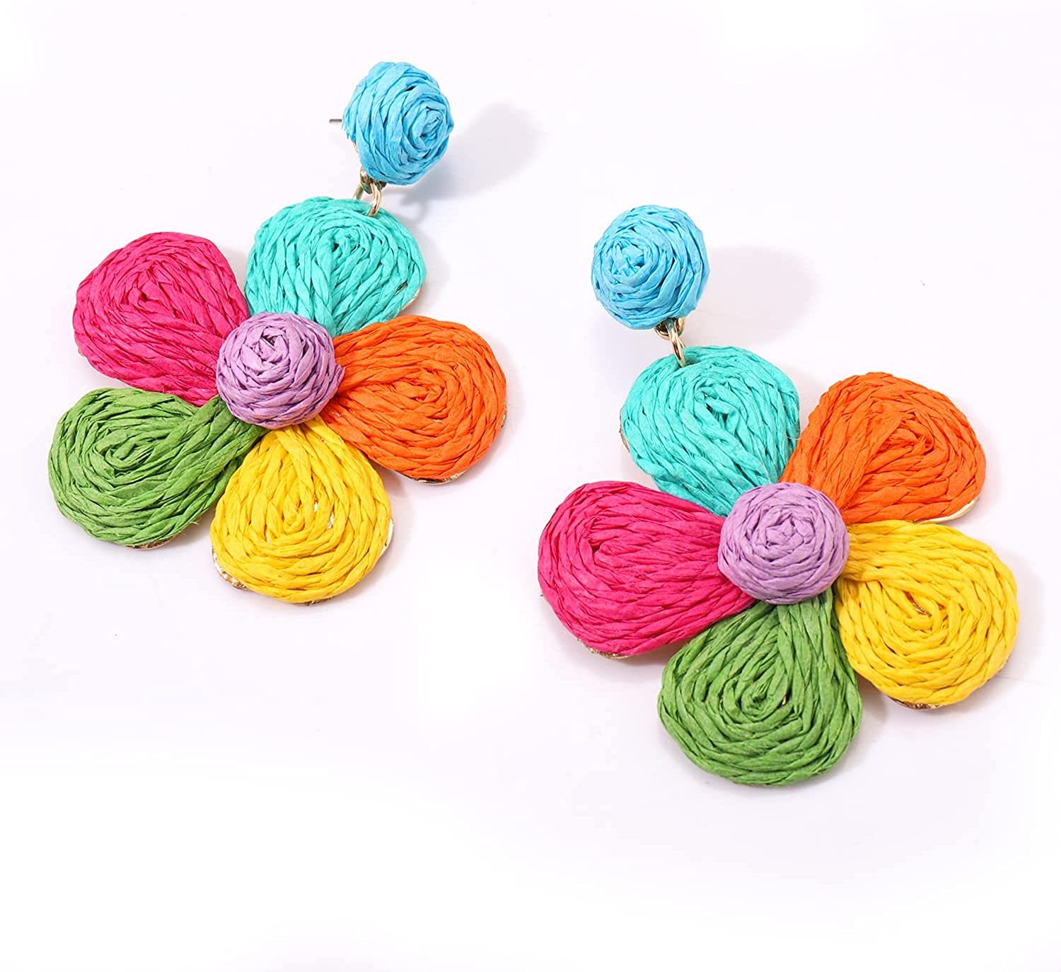 Raffia Earring Boho Handmade Woven Straw Rattan Flower Drop Earrings Geometric Lantern Dangle Earrings for Women Girls Summer Beach Jewelry