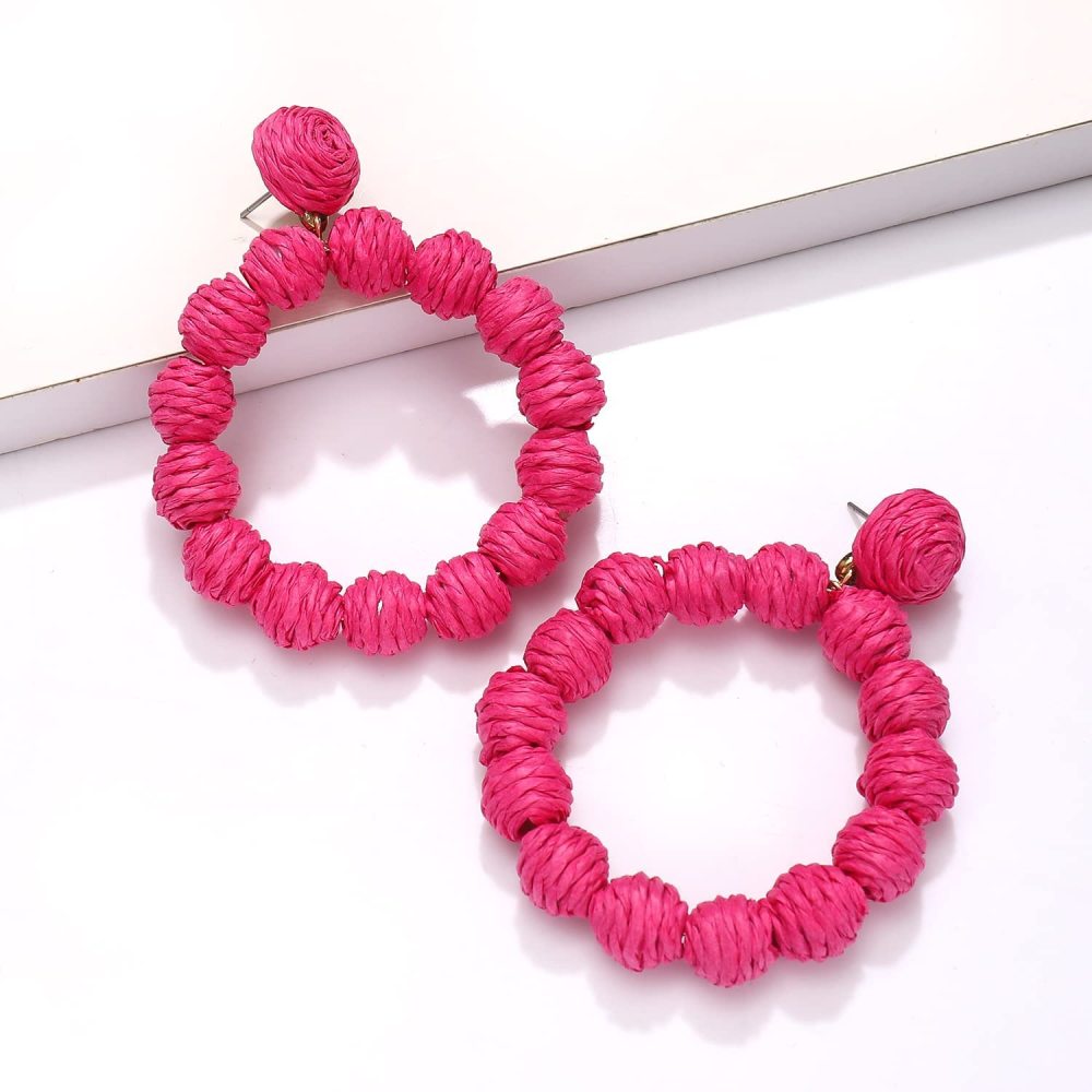 Rattan Earrings Rattan Ball Hoop Dangle Earrings for Women Handmade Bohemia Earrings Braid Straw Wicker Raffia Earrings Summer Beach Accessory Gifts