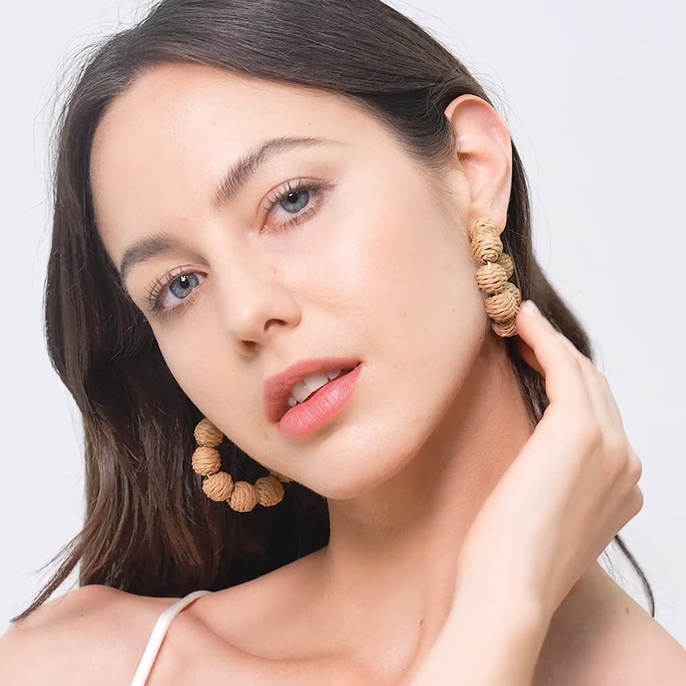 Rattan Earrings Summer Boho Raffia Ball Hoop Dangle Earring for Women Girls Lightweight Straw Wicker Statement Bohemian Beach Ear Jewelry Gifts