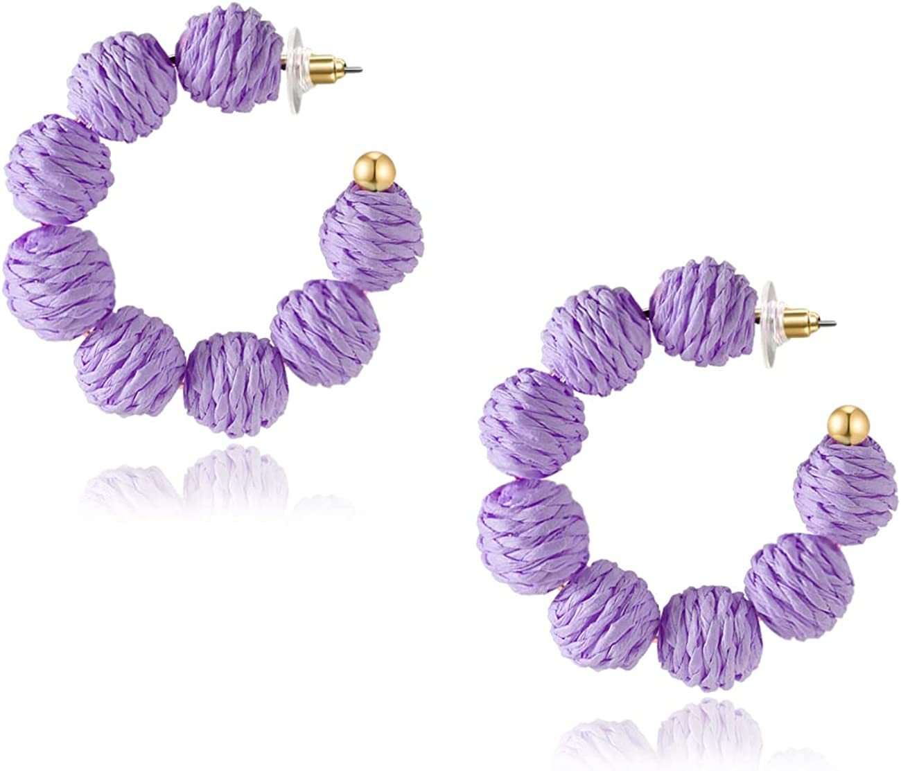 Rattan Earrings Summer Boho Raffia Ball Hoop Dangle Earring for Women Girls Lightweight Straw Wicker Statement Bohemian Beach Ear Jewelry Gifts