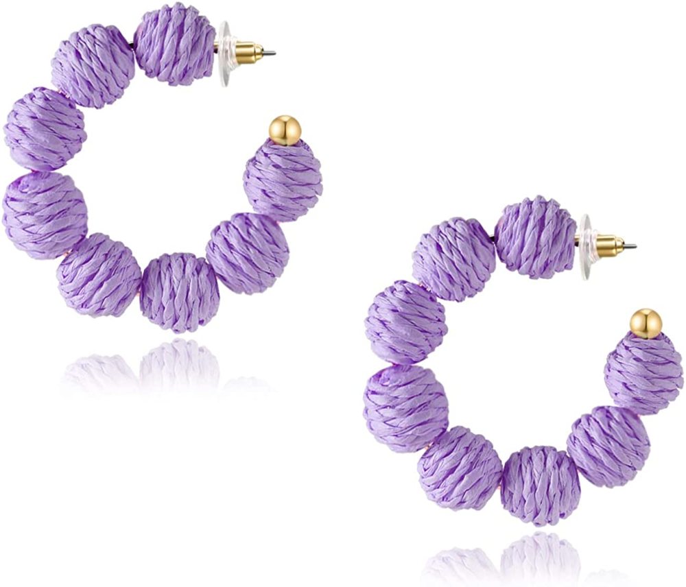 Rattan Earrings Summer Boho Raffia Ball Hoop Dangle Earring for Women Girls Lightweight Straw Wicker Statement Bohemian Beach Ear Jewelry Gifts