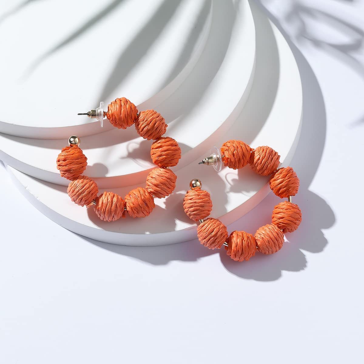 Rattan Earrings Summer Boho Raffia Ball Hoop Dangle Earring for Women Girls Lightweight Straw Wicker Statement Bohemian Beach Ear Jewelry Gifts