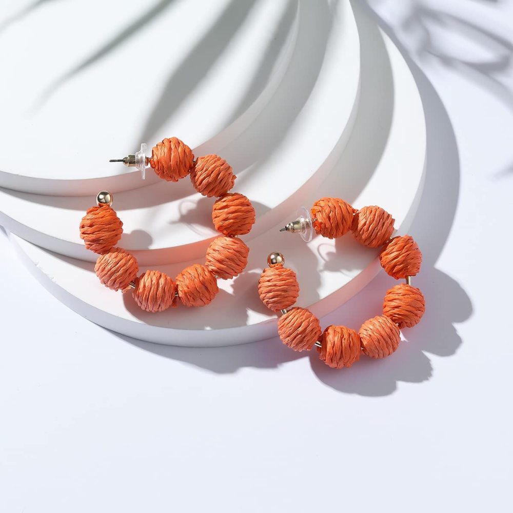 Rattan Earrings Summer Boho Raffia Ball Hoop Dangle Earring for Women Girls Lightweight Straw Wicker Statement Bohemian Beach Ear Jewelry Gifts