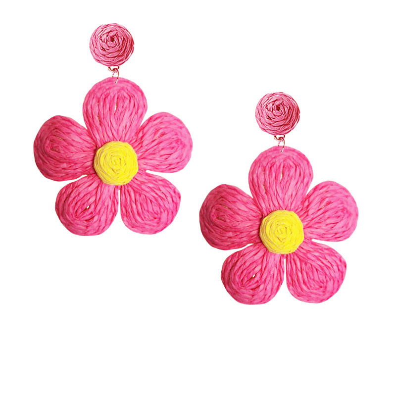 Raffia Earring Boho Handmade Woven Straw Rattan Flower Drop Earrings Geometric Lantern Dangle Earrings for Women Girls Summer Beach Jewelry