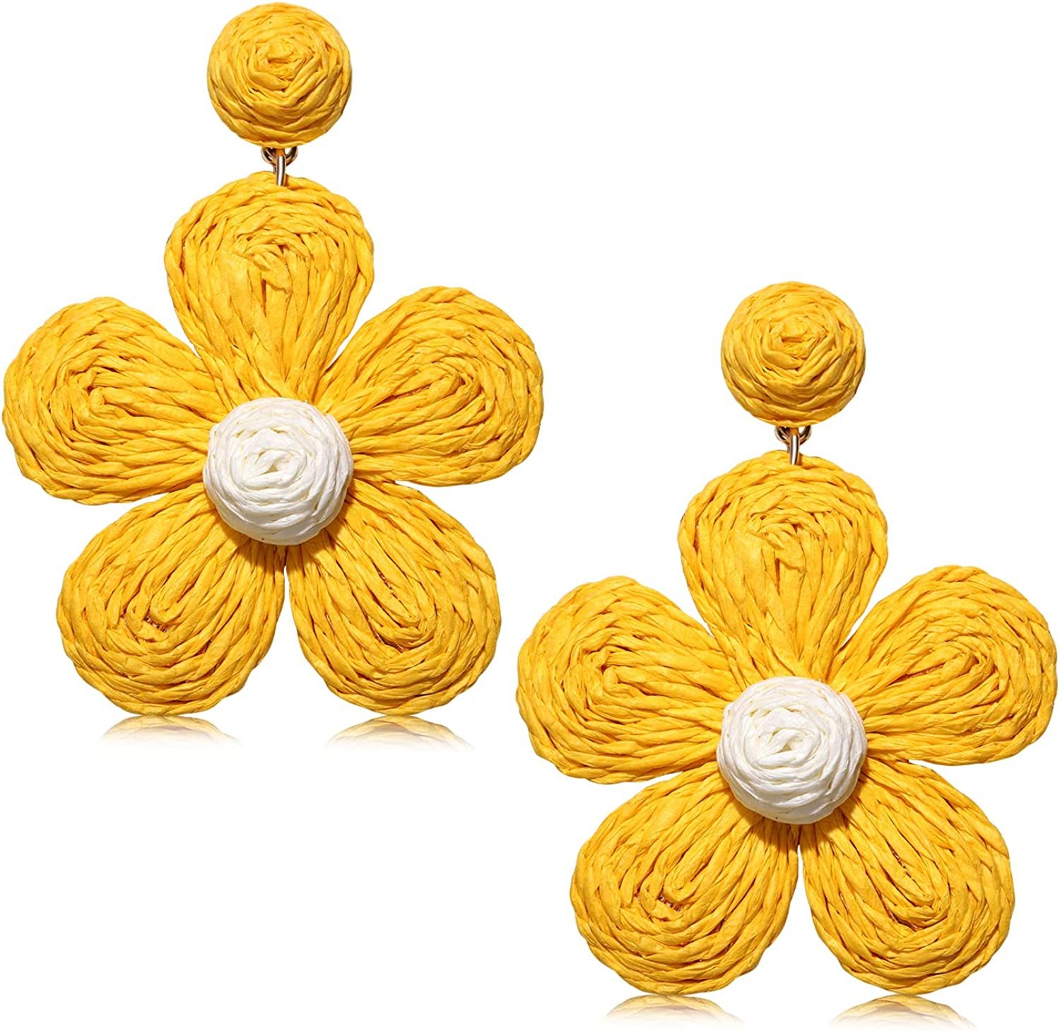 Raffia Earring Boho Handmade Woven Straw Rattan Flower Drop Earrings Geometric Lantern Dangle Earrings for Women Girls Summer Beach Jewelry