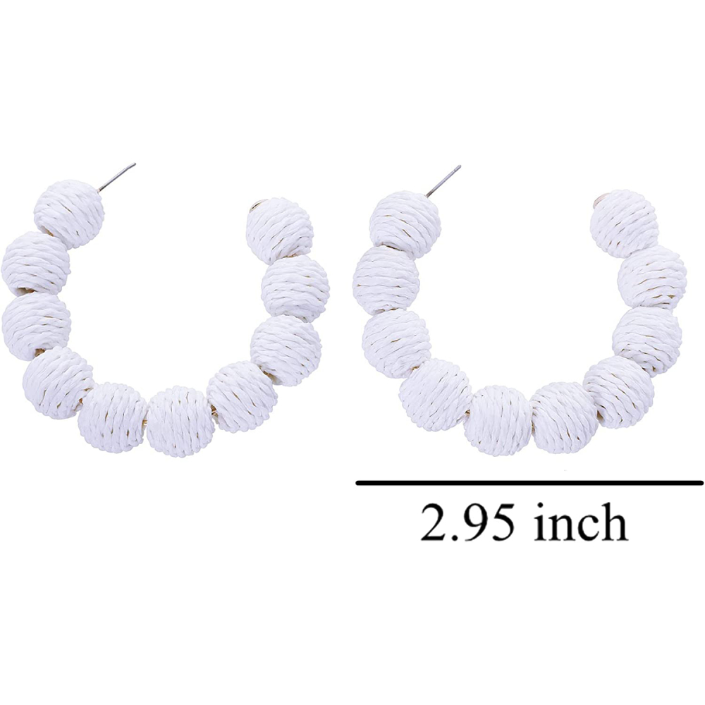 Rattan Earrings Summer Boho Raffia Ball Hoop Dangle Earring for Women Girls Lightweight Straw Wicker Statement Bohemian Beach Ear Jewelry Gifts