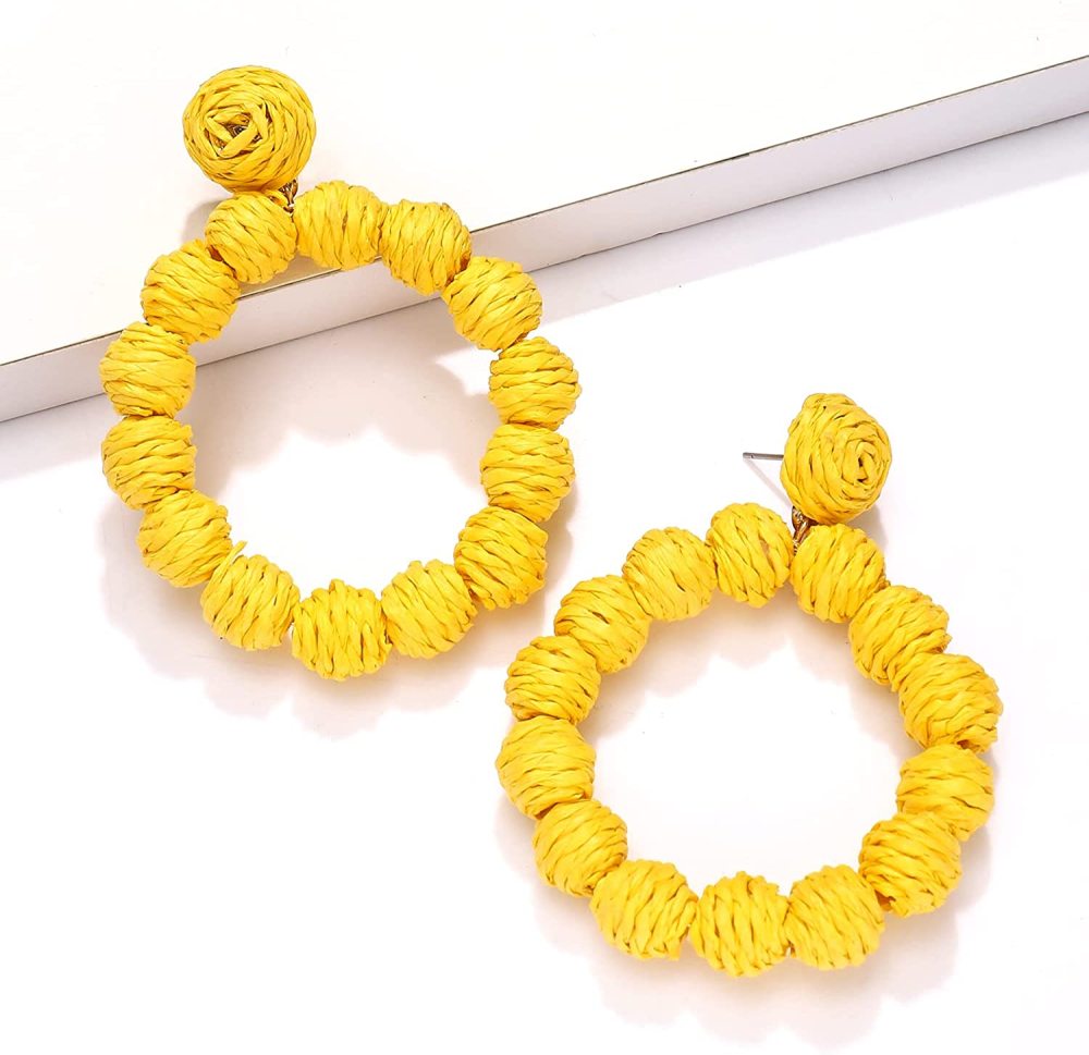 Rattan Earrings Rattan Ball Hoop Dangle Earrings for Women Handmade Bohemia Earrings Braid Straw Wicker Raffia Earrings Summer Beach Accessory Gifts