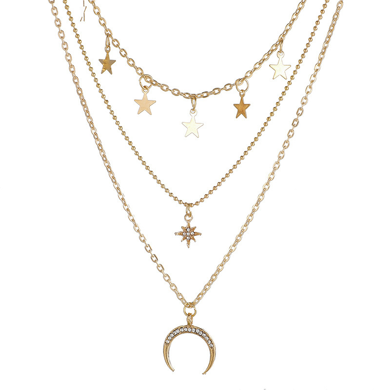 New Arrival Retro Layered Gold And Silver Necklace Personalized Chain Moon Map Pendant Choker Necklaces For Women
