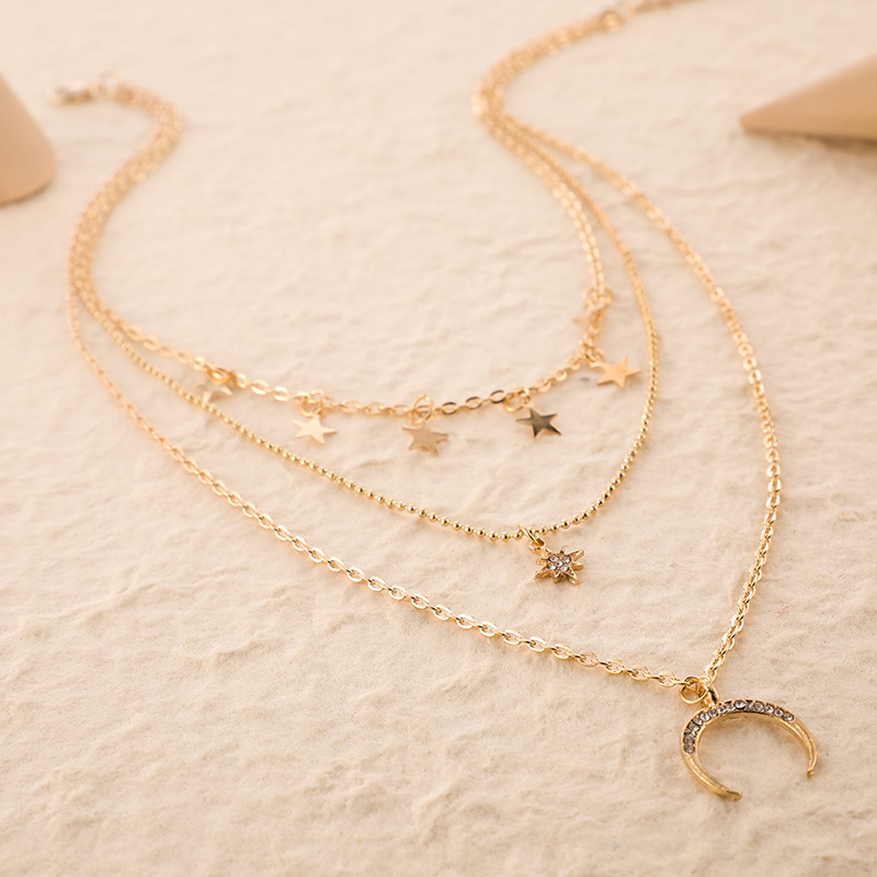 New Arrival Retro Layered Gold And Silver Necklace Personalized Chain Moon Map Pendant Choker Necklaces For Women