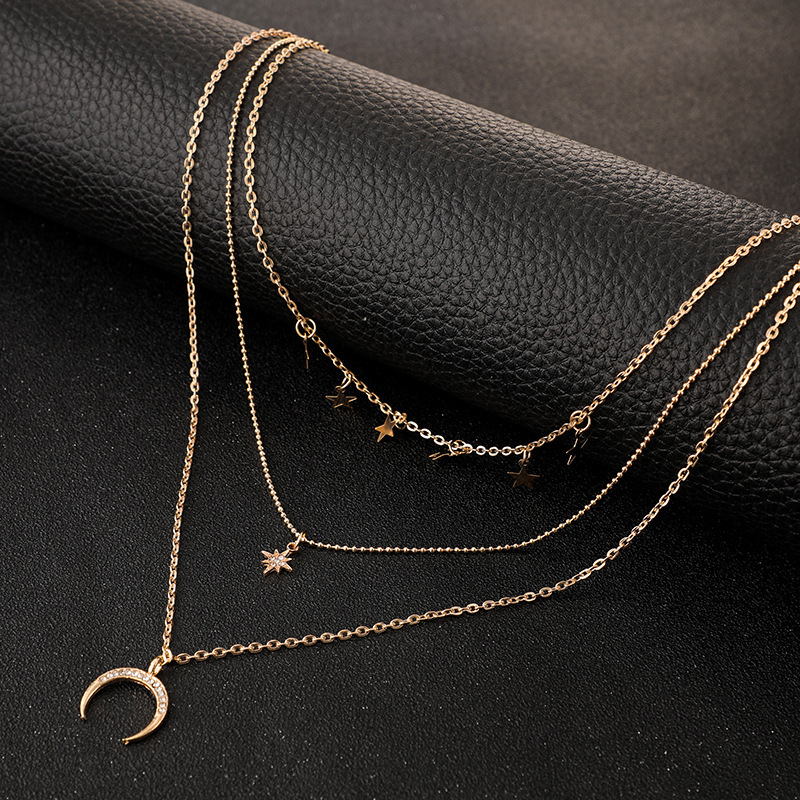 New Arrival Retro Layered Gold And Silver Necklace Personalized Chain Moon Map Pendant Choker Necklaces For Women