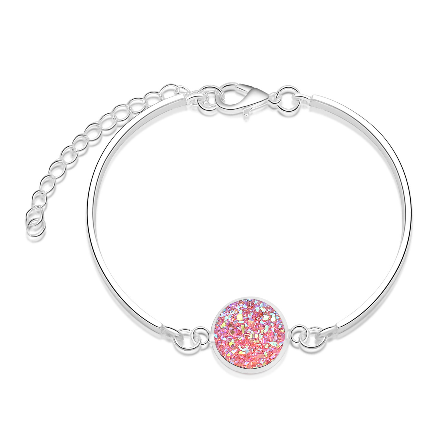 Trendy Raw Stone Round Bangle Stainless Steel Chain Personalized Charm Adjustable Women Bracelet